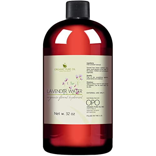 Lavender Water Hydrosol - Pure Steam Distilled Natural Non GMO Calming Bulk Body, Face, Facial Toner, Aromatherapy, Set Makeup, Cleanser Mist Spritz - 32oz - OPO
