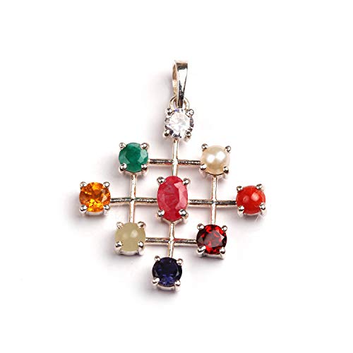Pendentif Navratna argent 925 de prestige aux pierres précieuses naturelles