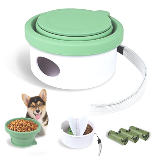 Collapsible Travel Dog Bowl with Lid, 3 in 1 Portable Silicone Dog Food and Water Bowl with 3 Poop Bags, Folding Pet Food Container for Puppy Cat Beach Camping Hiking Walks Essentials (Cyan)