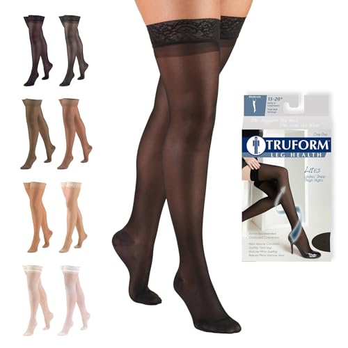 Image of Truform Sheer Compression Stockings, 15-20 mmHg, Women's Thigh High Length, 20 Denier, Black, Medium