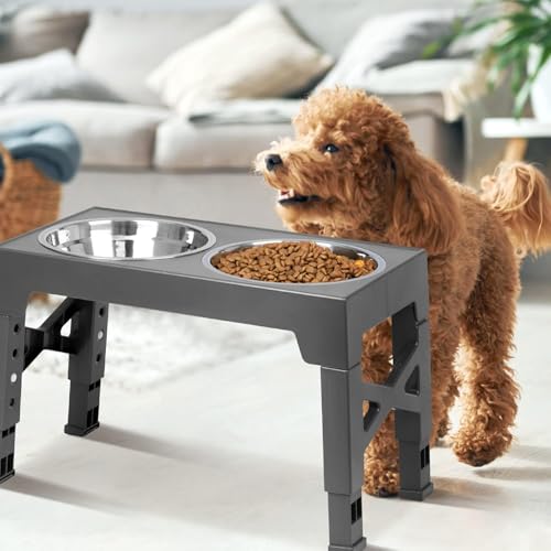 TUAHOO Erhöhter Hundenapf für kleine, mittelgroße und große Hunde, 5 höhenverstellbarer Ständer, Haustier-Futterstation mit 2 Edelstahlnäpfen & 1 Slow Feeder Bowl, Hundefutterstation