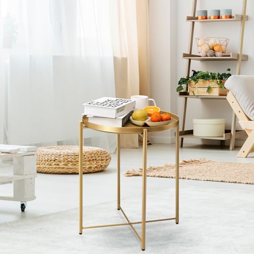 danpinera Gold Side Table, Gold End Table for Small Spaces Outdoor Accent Table Round Metal Patio Coffee Table Waterproof Removable Tray Table for Living Room Bedroom Balcony Office (Gold)