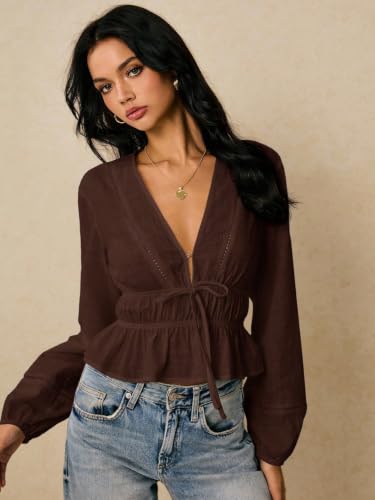 Image of Shasmi Women's Solid Deep V Neck Cotton Long Bishop Sleeve Drawstring Waist Ruffle Hem Peplum Top | Blouse | Casual Boho Cottagecore Shirt for Office, Vacation & Daily (Top 304)