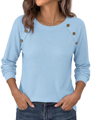 PRETTYGARDEN Fall Long Sleeve Waffle Knit Shirts for Women, Light Blue,M — view 6