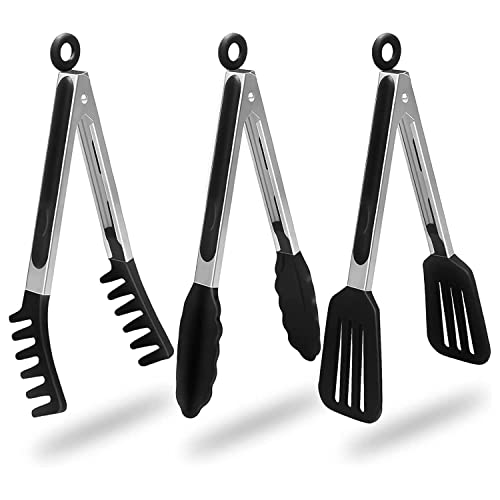 Image of Set of 3 Stainless Steel Food Tongs with Silicone Tips, 3 Types Heavy Duty Non-Stick Clamp Clip for Kitchen BBQ Cooking Grilling Buffet Noodles Salad Steak (Black)