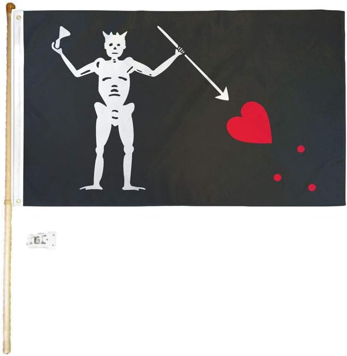 3x5 3'x5' Pirate Edward Teach Blackbeard Polyester Flag with 5' (Foot) Flag Pole Kit with Wall Mount Bracket & Screws (Imported)