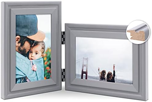 JD Concept Vertical Horizontal Combo, Double 4x6 Gray Wood Hinged Picture Frame, Opening 3.5x5.5, Desktop or Wall Mounted, Portrait and Landscape View