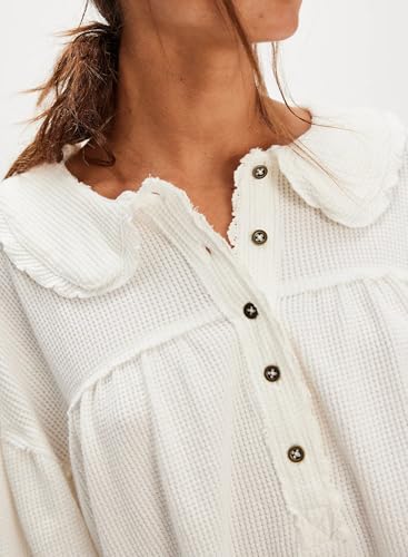 Women's Waffle Knit Tops Collared Solid Color Pullover Long Sleeve V Neck Loose Tunic Babydoll Top Blouse3