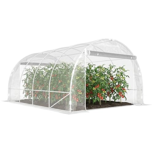 Outsunny Gewächshaus ca. 4 x 3 x 2 m Foliengewächshaus mit Breiter Rollbar Reißverschlusstür, Stützstangen Verlängerte Kanten 150g/m² PE UV-beständig Folientunnel, Winterfest Tomatenhaus, Transparent