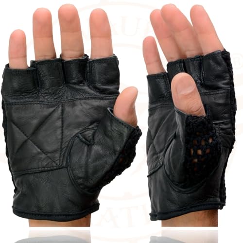 Image of Milwaukee Leather SH198 Men's Black Flame Embroidered Fingerless Gloves with Gel Palm | Padded Comfort; Vibration Relief; Flame Embroidery