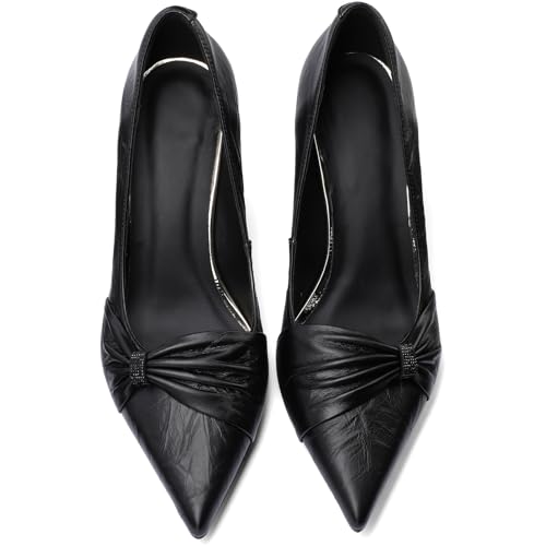 TDD Bow Leather High Heels for Women Chunky Block Pointed Toe Pumps Closed Toe Dressy Comfortable Sexy Elegantes Wedding Slip On Formal Prom Sparkly 3 Inch Shoes4