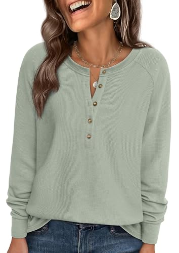 Image of PRETTYGARDEN Women's Long Sleeve Waffle Knit Henley Shirts Loose Tunic Tops