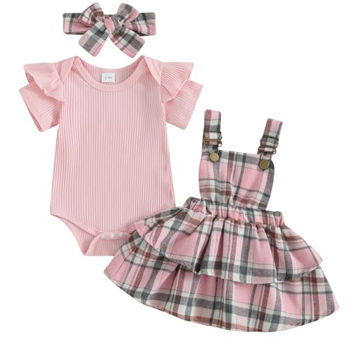 Image of Mubineo Baby Girl Summer Clothes Cute Outfits Short Sleeve Romper Overall Skirt Dress Headband 3PCS Newborn Outfit