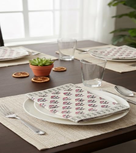Image of BLOCKS OF INDIA Hand Block Print Cotton Table Napkin Set of 6 (Pink Grey BUTI)