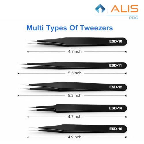 Image of Alis 10 Pcs Precision ESD Tweezer Set Anti-Static Stainless Steel Tweezer kit for Craft, Jewelry, Electronics, Soldering, Repair Work with Storage Kit Bag
