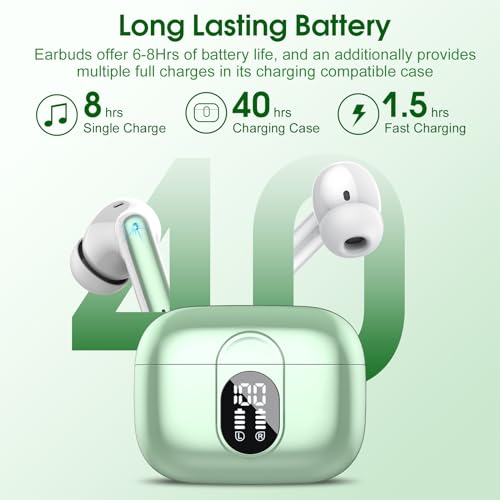 Image of Csasan Wireless Earbuds, Bluetooth 5.3 Headphones HiFi Stereo, 40H Playtime, Wireless Earphones with ENC Noise Cancelling Mic, IPX7 Waterproof Bluetooth Earbuds LED Display, Touch Control, Green
