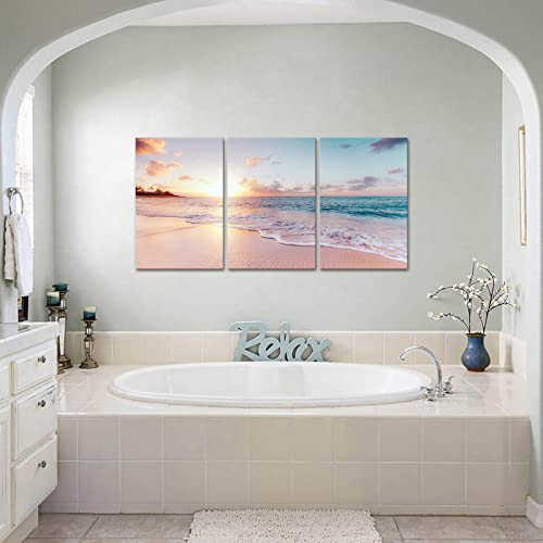 Derkymo 3 Pieces Pink Beach Canvas Wall Art Coastal Sunset Landscape Pictures Print Modern Seascape Artwork For Home Decoration Stretched And Framed Ready To Hang (16Wx24Lx3Pcs) #TOP3