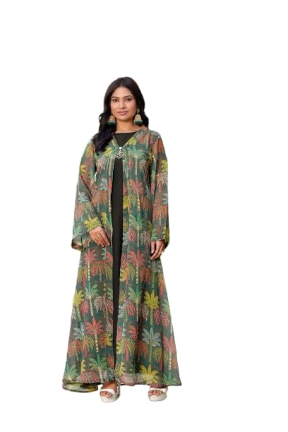 Women Printed Georgette Shrug Gown with Crepe Inner Long Sleeve Floral Open Front Gown Dress for Casual Party-image-20
