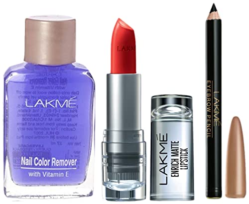 Image of LAKME Enrich Matte Lipstick Shade RM14, Long Lasting, Moisturizing Matte Lip Color with Vitamin E, 4.7g & Nail Color Remover, 27ml & Eyebrow Pencil, Black, 1.2g