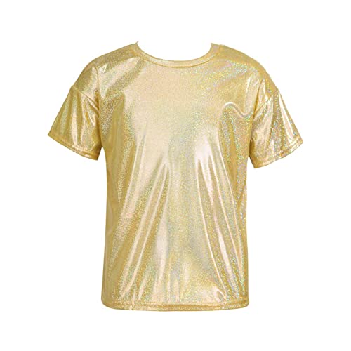 TiaoBug Maglia Top da Ballo di Strada Bambina Ragazza Maglietta da Danza Moderna Jazz Metallizzata Lucida Felpe Sportive per Ginnastica Yoga Corsa T-Shirt Sportiva da Hip Hop Oro 9-10 Anni