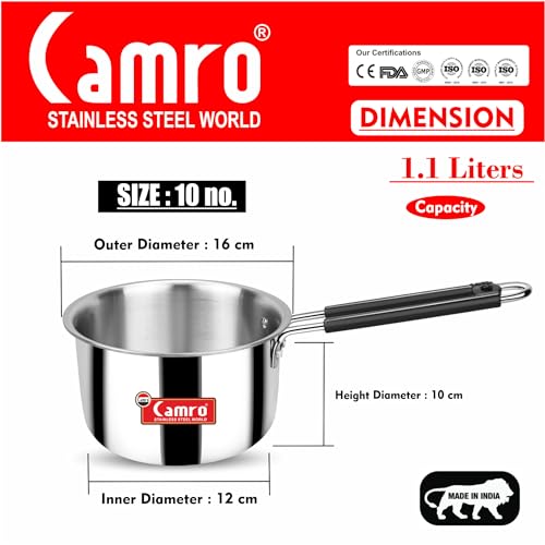 Image of Camro Tripro Triply Artisian (10 No, 1 Liters) Tea Pan MilkPan Saucier Cooking Pot for Chai Boil Warm Herb-Spice-Infusion, Heat Resist Handle, Induction Friendly & Gas Ready 6-Year Warranty