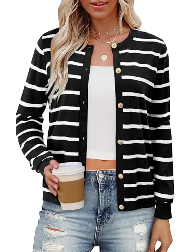 onlypuff Striped Cardigans for Women Old Money Sweaters Open Front Ladies Clothes Button Down Long Sleeve Blackwhite M