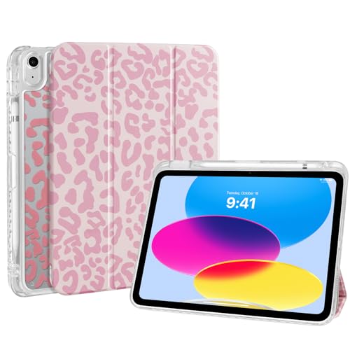 Fycyko Funda para iPad Air de 11 pulgadas M3/M2 (2025/2024), iPad Air de 4ª y 5ª generación 2022/2020, parte trasera transparente con soporte para bolígrafo, estampado de leopardo rosa con soporte