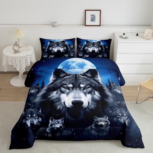 Feelyou Blue Wolf Comforter Set Animal Wolves Bedding Set Galaxy Grove Print Quilted Duvet Set Wild Animal Pattern Comforter for Kids Boys Girls Adults Queen Size with 2 Pillow Case