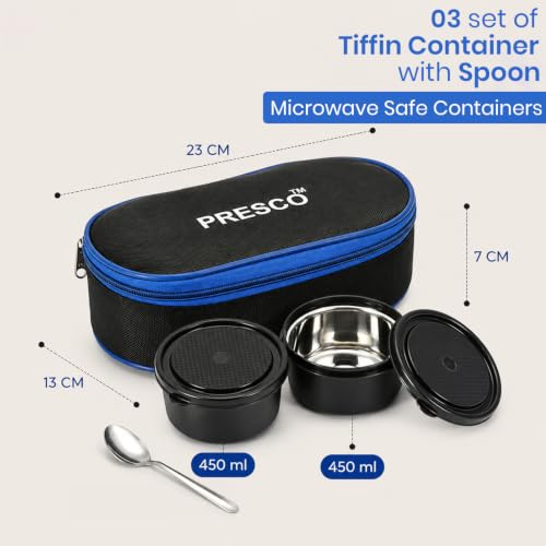 Image of PRESCO Insulated Lunch Box Set (2 Microwave Safe Inner Steel Containers, 450ml*2; with Steel Spoon) with Insulated Fabric Bag, Lunch Box for Office Use, Leak Proof, Tiffin Box for Men (Black)