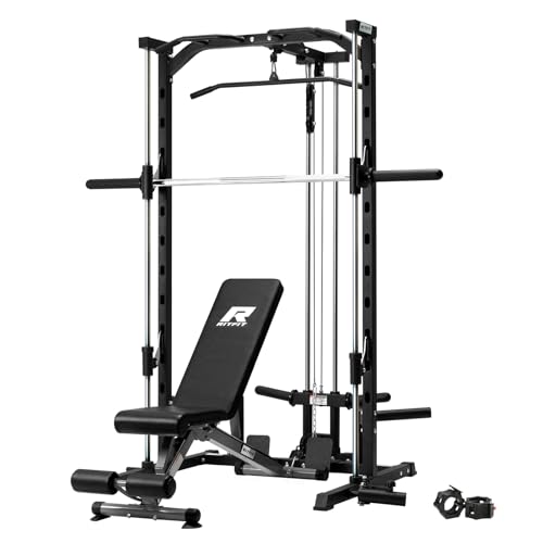 Image of RitFit Smith Machine Power Rack with LAT-Pull Down System, Landmine, Barbell Bar, Plate Storage Pegs and More Training Attachment