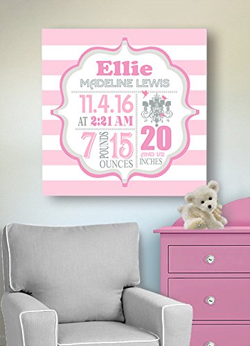 Personalized Stretched Canvas Birth Announcement Gift, Custom Baby Name, Date, Weight Stats, Newborn Chandelier Nursery Wall Art Decor, Wooden Frame Construction, Ready to Hang 16X16