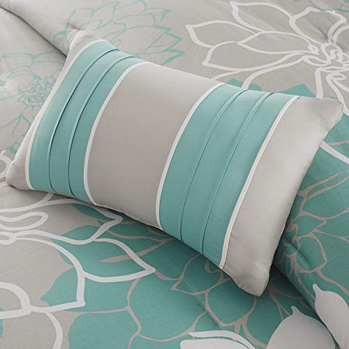 Madison Park Lola Sateen Cotton Comforter Set-Casual Medallion Floral Design All Season Down Alternative Bedding, Shams, Bedskirt, Decorative Pillows, King, Grey/Aqua 7 Piece by Madison Park - Image 7