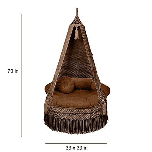 Image of KAAHIRA Bohemian Macrame Hanging Swing Chair- Aesthetic Cotton Rope Hammock for Indoor & Outdoor - Patio, Balcony, Bedroom, Living Room, Garden-Kids, Adults & Pets - Boho Decor (Brown)