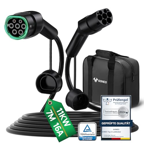GONEO Typ 2 Ladekabel 11kW 7M 16A Ladekabel Elektroauto Typ 2 3 Phasig für E Auto EV/PHEV Mode 3 mit Tasche Geeignet für S/3/X/Y e-Golf ID.3 i3/i8