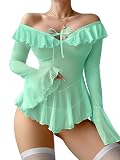 Foxiny Petite Sexy Rave Ruffle Bell Long Sleeve Off Shoulder Mesh Sheer Babydoll Lingerie Set Dress with Thong 2 Piece Women See Through Outfits Negligee Night Wear Nightgown Light Green X-Small