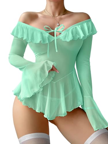 Image of Foxiny Sheer Ruffle Long Sleeve Babydoll Lingerie Dress | Off-shoulder neckline, flared cuffs and a flounce hem add movement; thong and thigh-high stockings complete the 3-piece set