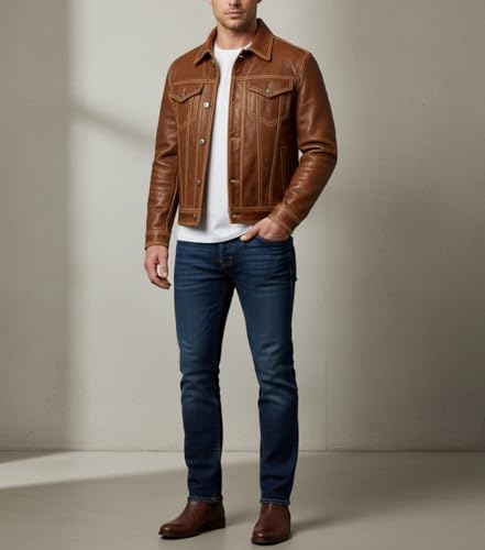 Men’s Distressed Brown Lambskin Leather Trucker Jacket - Men Genuine Vintage Motorcycle Biker Style Western Jackets3
