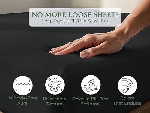 Image of Royale Linens 100% Organic Cotton Twin Fitted Sheet Only - Percale Weave - Super Soft Deep Pocket Bottom Sheets - Black Elastic Sheet - Twin Size Fitted Sheets Only - (39 inchx75 inch+15 inch, Black)