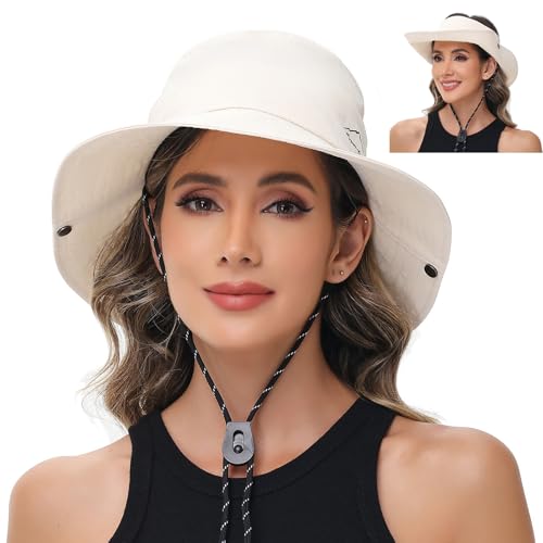 Sun Hats for Women Bucket Hat UV Protection Fishing Hat Wide Brim Safari Hats 2 in 1 Zip-Off Sun Visor Hats UPF 50+(1Pack-Beige)
