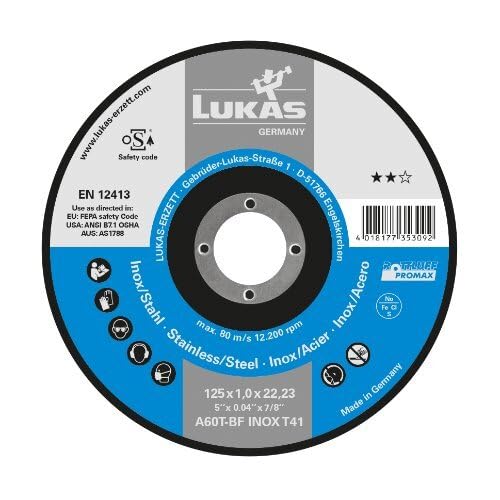 LUKAS ERZETT 50 discos de corte T41 para acero inoxidable 115 x 1,6 mm recto, para amoladora angular, A46X-BF - 12 x 12 x 9 cm
