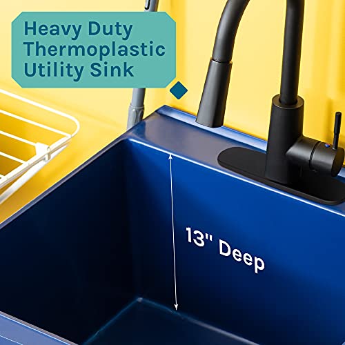 Image of Blue Utility Sink with High Arc Black Faucet by VETTA by JS Jackson Supplies, Pull Down Sprayer Spout, Heavy Duty Slop Sink for Washing Room, Basement, Shop, Free Standing Laundry Tub Deep Plastic
