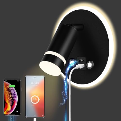 HUIZHOU Reading Lamp Wall Mounted LED Wall Lamp Touch Control 3 Color Temperatures and 12W USB Charging Port 350° Rotating Bed Reading Light Living Room and Bedroom (Round Black)