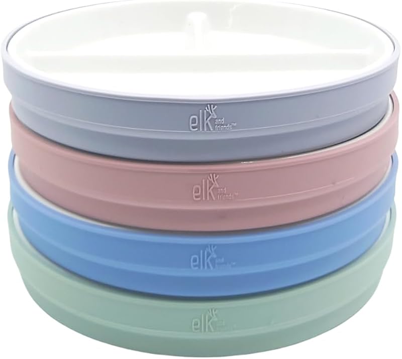 Elk and Friends Kids 6.7” Porcelain White Divided Plates with Silicone Sleeves | Suitable for Babies/Toddlers | Microwave & Dishwasher Safe | Non Slip Dinnerware | Snack Dishes | 4 Pack