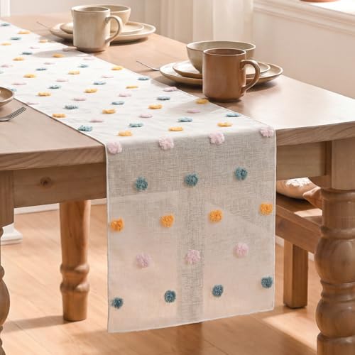 Artoid Mode Pink Blue Yellow Pom Pom Tulle Table Runner, Seasonal Washable Kitchen Dining Table Decoration for Home Party Decor 12x36 Inch