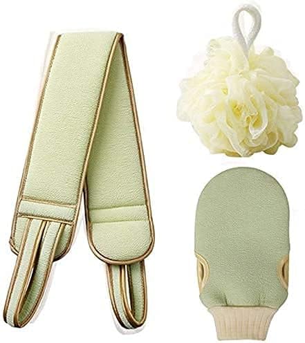 Adaamya® 3PCS Unisex Bathing Exfoliating Set Back Scrubber, Sponge Loofah & Glove Double Side Scrubbing Strap Dead Skin Remove Body Scrubs for Skin Deep Cleaning (Random Color) (Pack of 1