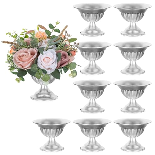 Sziqiqi Silver Urn Vase for Wedding: 5.1in Metal Vases Centrepieces for Table Decorations - Set of 10 Compote Vases for Flower Arrangement - Decorative Pot Bowl Vase for Birthday Party Anniversary