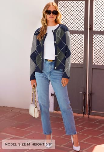 MEROKEETY Women's Long Sleeve Cardigan Sweaters 2024 Trendy Open Front Checkered Knit Button Up Jackets4