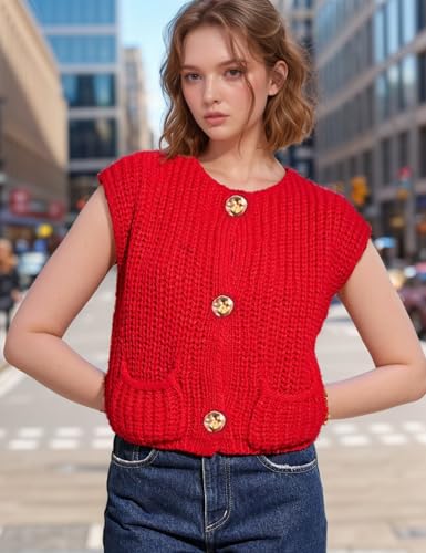 Image of Wyeysyt Sweater Vest Women Sleeveless Crop Knit Cardigan Casual Button Down Cropped Knitted Sweater Vest with Pockets