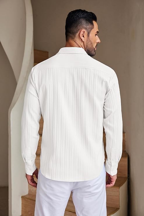 Image of Men's Casual Button Down Linen - Long Sleeve Textured Summer Beach Shirt - Men's Fashionable Lightweight Breathable Stylish Fancy for Vacation
