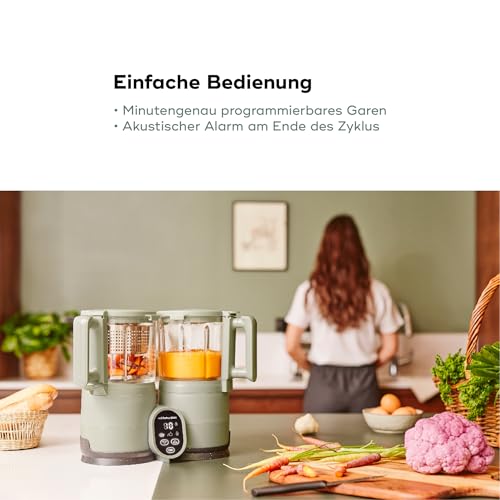 Babymoov Nutribaby Glass Green Celadon - Babynahrungszubereiter aus Glas und Edelstahl, 4-in-1: Dampfgaren, Mixen, Aufwärmen, Erwärmen, 1900 ml Fassungsvermögen